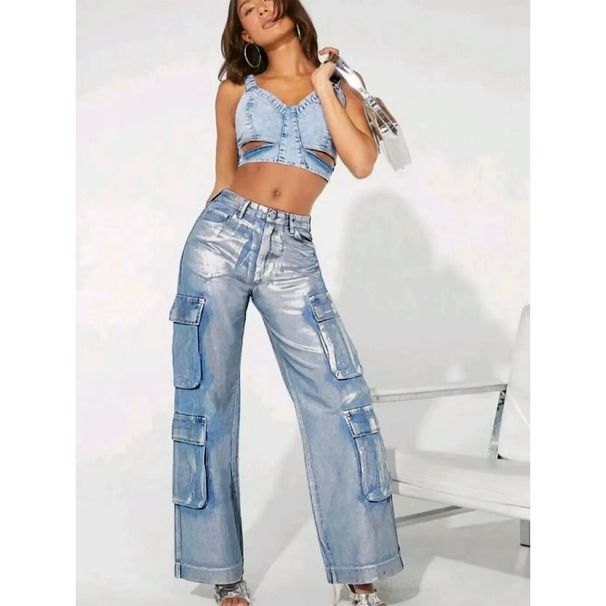 Women's Clothing Style Women's Fashion Stretch Denim Overalls With Multi Pockets Silver Processed Hot Item_mkmklike.com