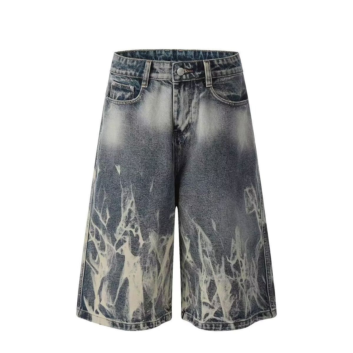 New American Retro Lightning Pattern Denim Capri Pants 2025 Stylish Loose Fit Wide Leg Jeans for Men And Women_mkmklike.com