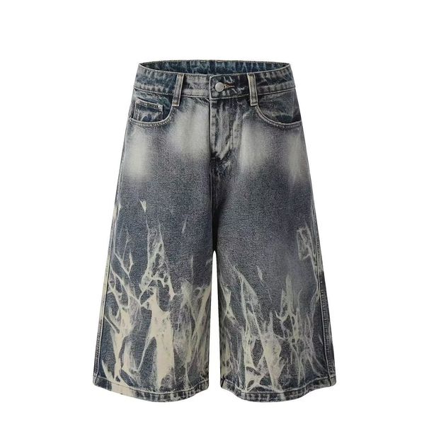 New American Retro Lightning Pattern Denim Capri Pants 2025 Stylish Loose Fit Wide Leg Jeans for Men And Women_mkmklike.com