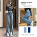 American-style Slit Micro-flare Jeans For Women, Spring/summer, Light Blue, High-waisted, Stretchy, Narrow Wide-leg With_mkmklike.com