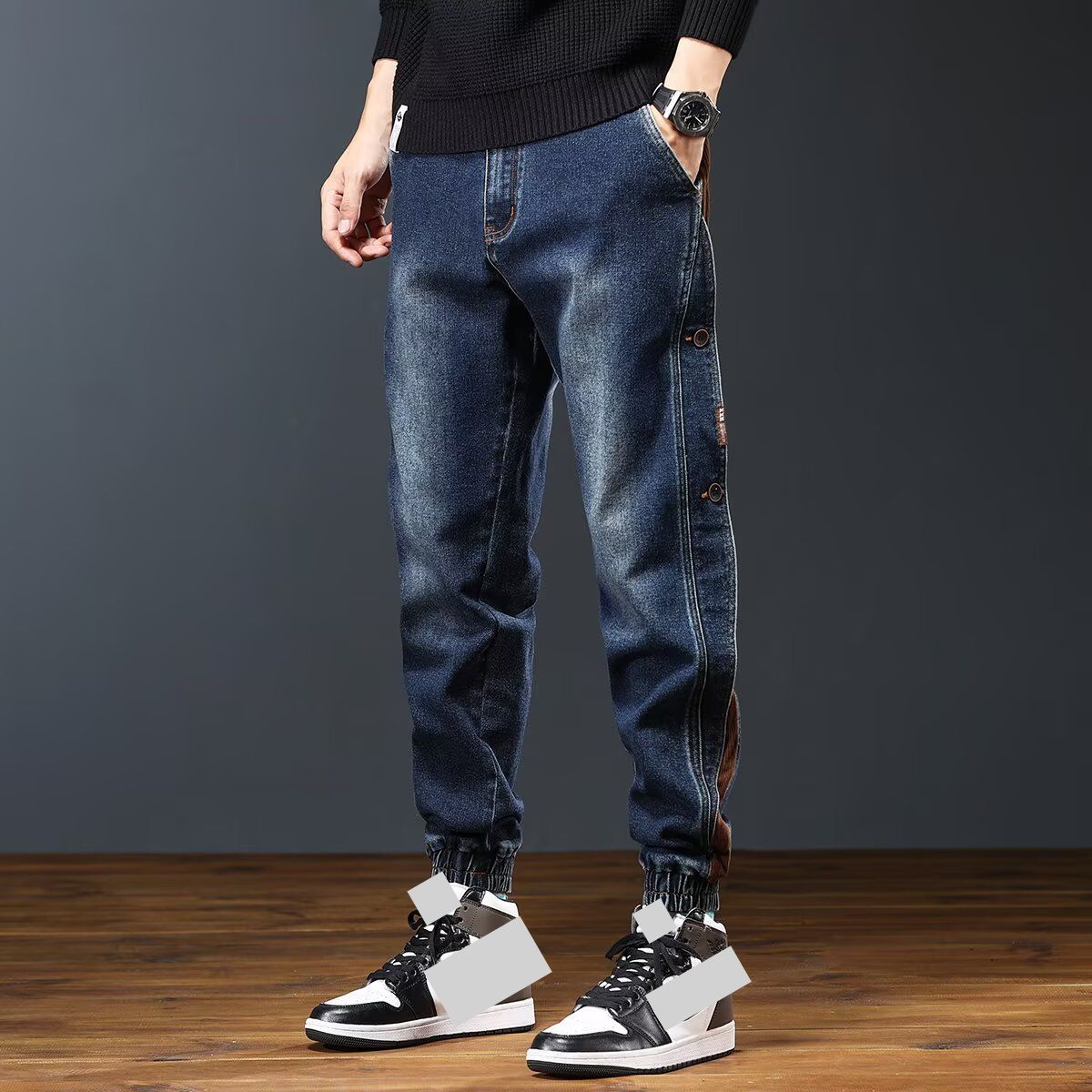 Men's Style Patchwork Jeans - Relaxed Fit Casual Tapered Denim Pants For Autumn & Spring_mkmklike.com