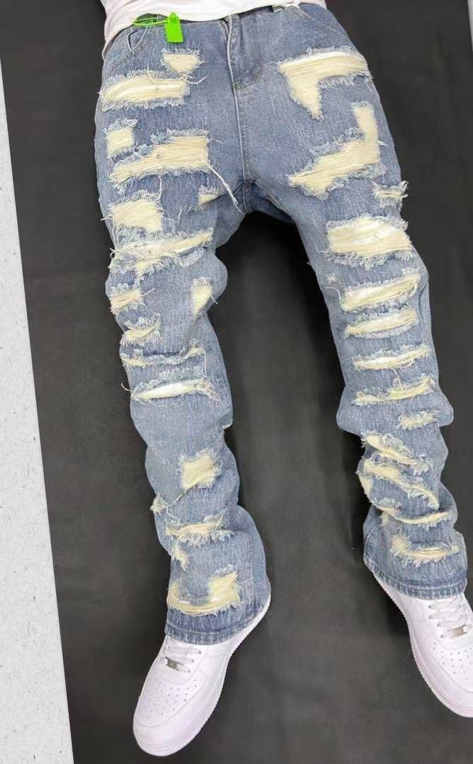 Men's Clothing Retro Heavy Industry Damage Erosion Patch Design Jeans High Street Hole Cleanfit Pants_mkmklike.com