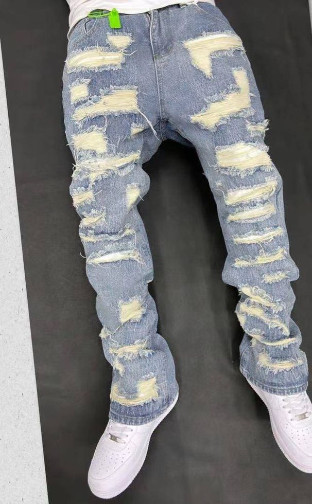 Men's Clothing Retro Heavy Industry Damage Erosion Patch Design Jeans High Street Hole Cleanfit Pants_mkmklike.com