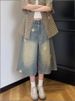Women's Clothing Women's High-Waisted Cropped Shorts Retro Denim Star Print Loose Casual Straight Leg Wide Leg Pants Summer Washed_mkmklike.com