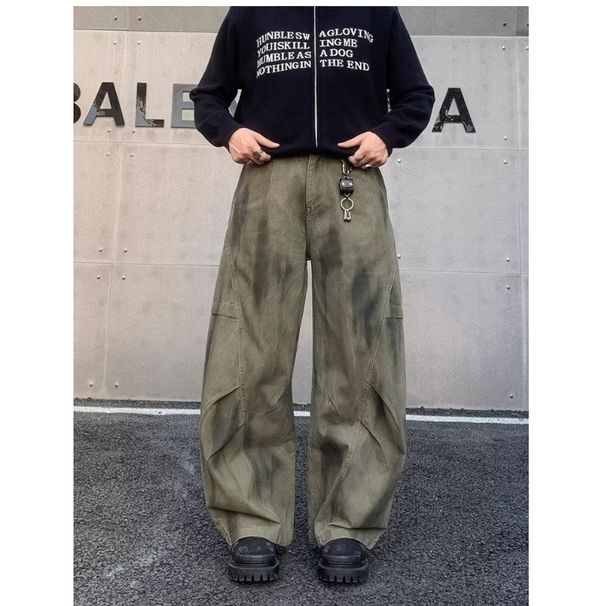 Men's Clothing Loose Pleated Patchwork Distressed Workwear Jeans Casual Wide Leg Silhouette Scimitar Pants_mkmklike.com