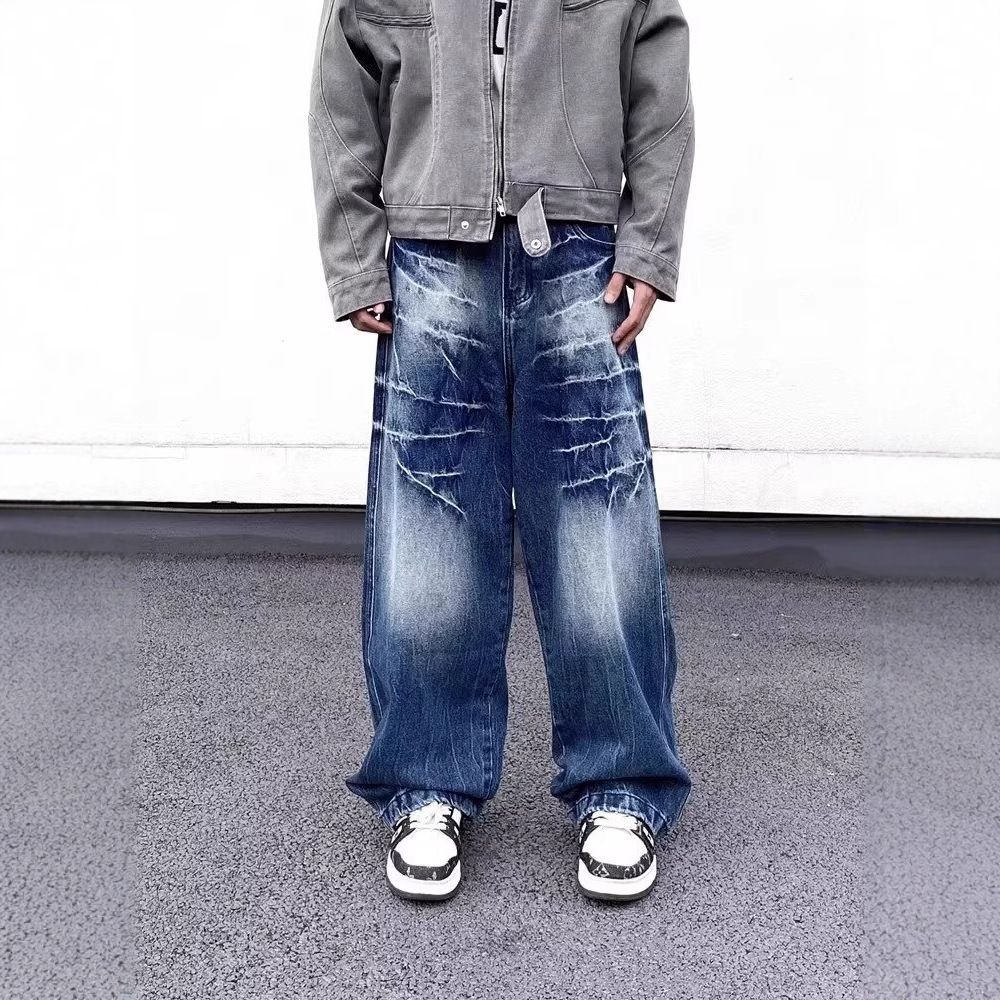 Distressed Denim Jeans With Rivet Details - Loose Fit Wide Leg Pants For Men & Women, Vintage Washed_mkmklike.com