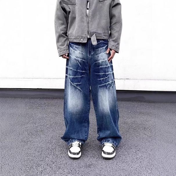 Distressed Denim Jeans With Rivet Details - Loose Fit Wide Leg Pants For Men & Women, Vintage Washed_mkmklike.com