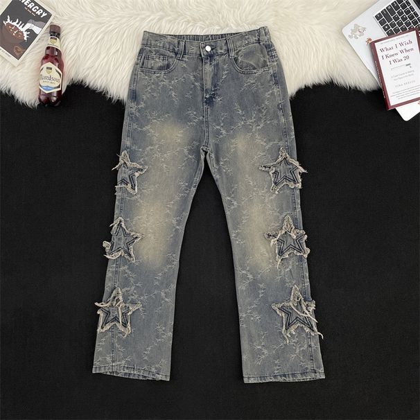 Men's Clothing Star Jacquard Jeans For Men, Spring And Autumn, Niche Design, Cool Pants, High Street Vibe, Straight Flared Pants_mkmklike.com