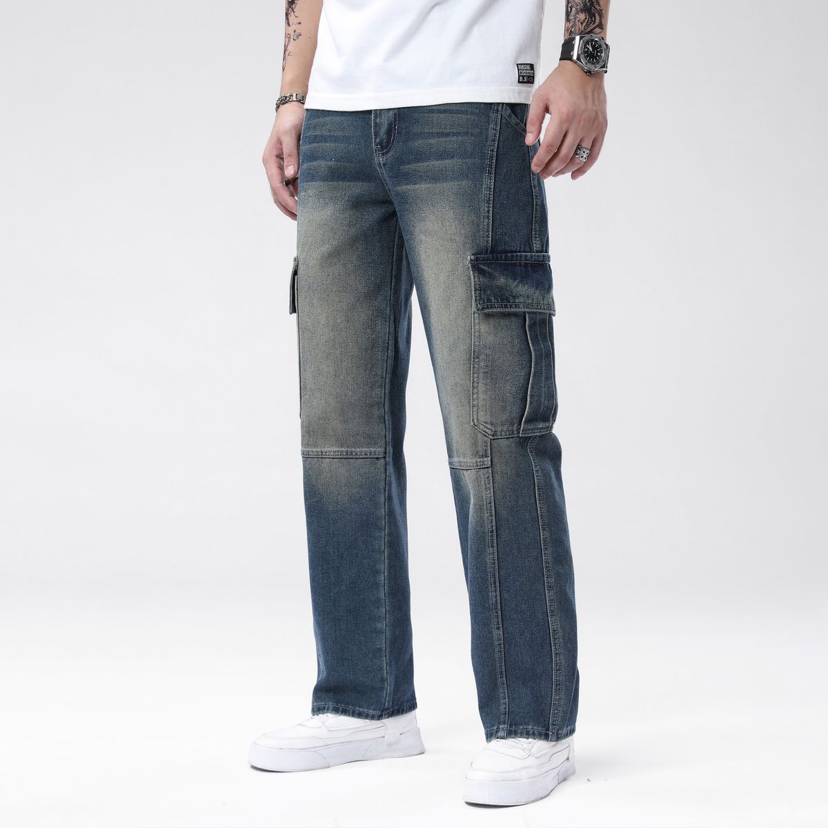 Men's Multi Pocket Jeans, Versatile In All Seasons, Non Elastic, Casual Trend, Straight Leg Denim Pants, Workwear, Outdoor Retro Nostalgic Pants_mkmklike.com