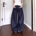 American High Street Vibe Dark Blue Jeans For Women Y2k Washed Loose High Waist Straight Floor Length Trousers Trendy Cross Border_mkmklike.com