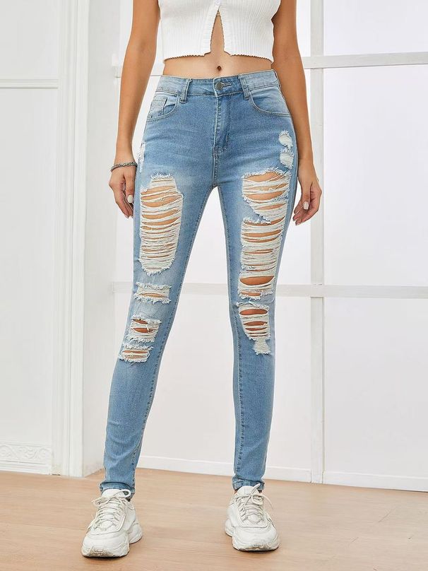 High Waist Straight Leg Distressed Jeans For Women – Vintage Denim Pants, Classic Blue Skinny Fit_mkmklike.com