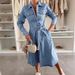 "Women's Denim Shirt Dress – Long Sleeve Washed Cotton Blend Tunic With Button Front & Chest Pocket, Casual Overshirt Duster"_mkmklike.com