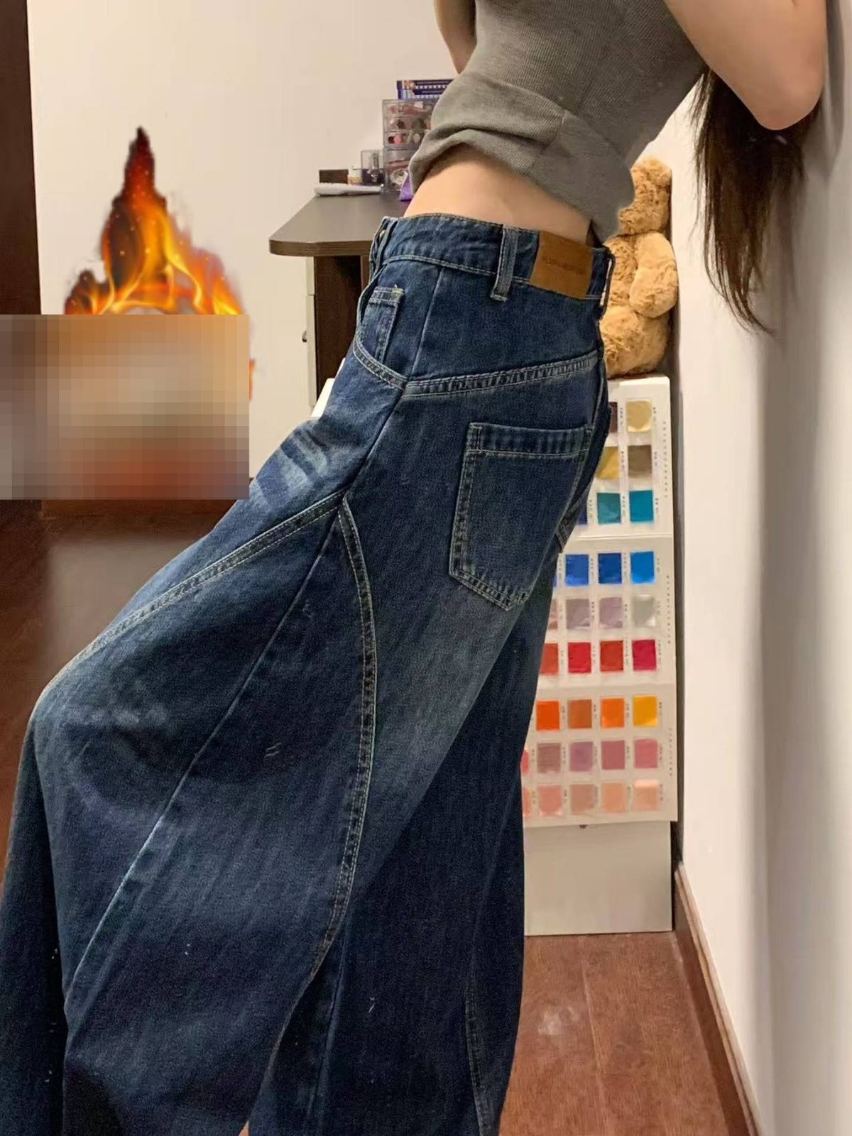 Women’s Flared Scissor-Cut Jeans – Deep Blue, High-Waisted & Fleece-Lined (S-XXL, Winter Fashion Wide-Leg Pants)_mkmklike.com