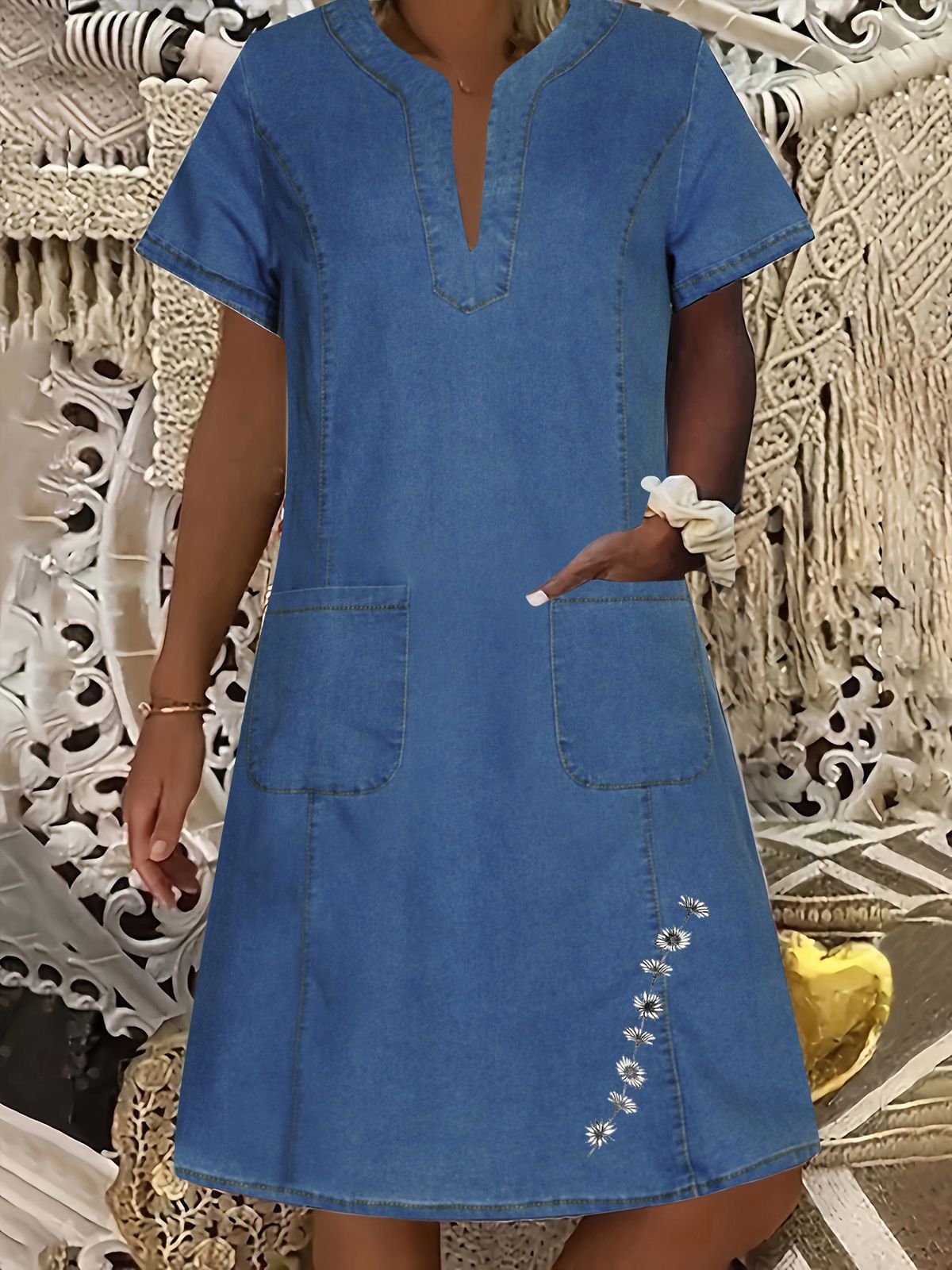 Women's Clothing Denim Dress Dark Blue Pocket Thin Mid Length V Neck Dress_mkmklike.com