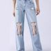 Distressed Denim Jeans Oversized Ripped Patchwork Lace-Up Pants ( Cotton Blend, Vintage Wash, Streetwear & Boho Chic, Plus Size Friendly)_mkmklike.com
