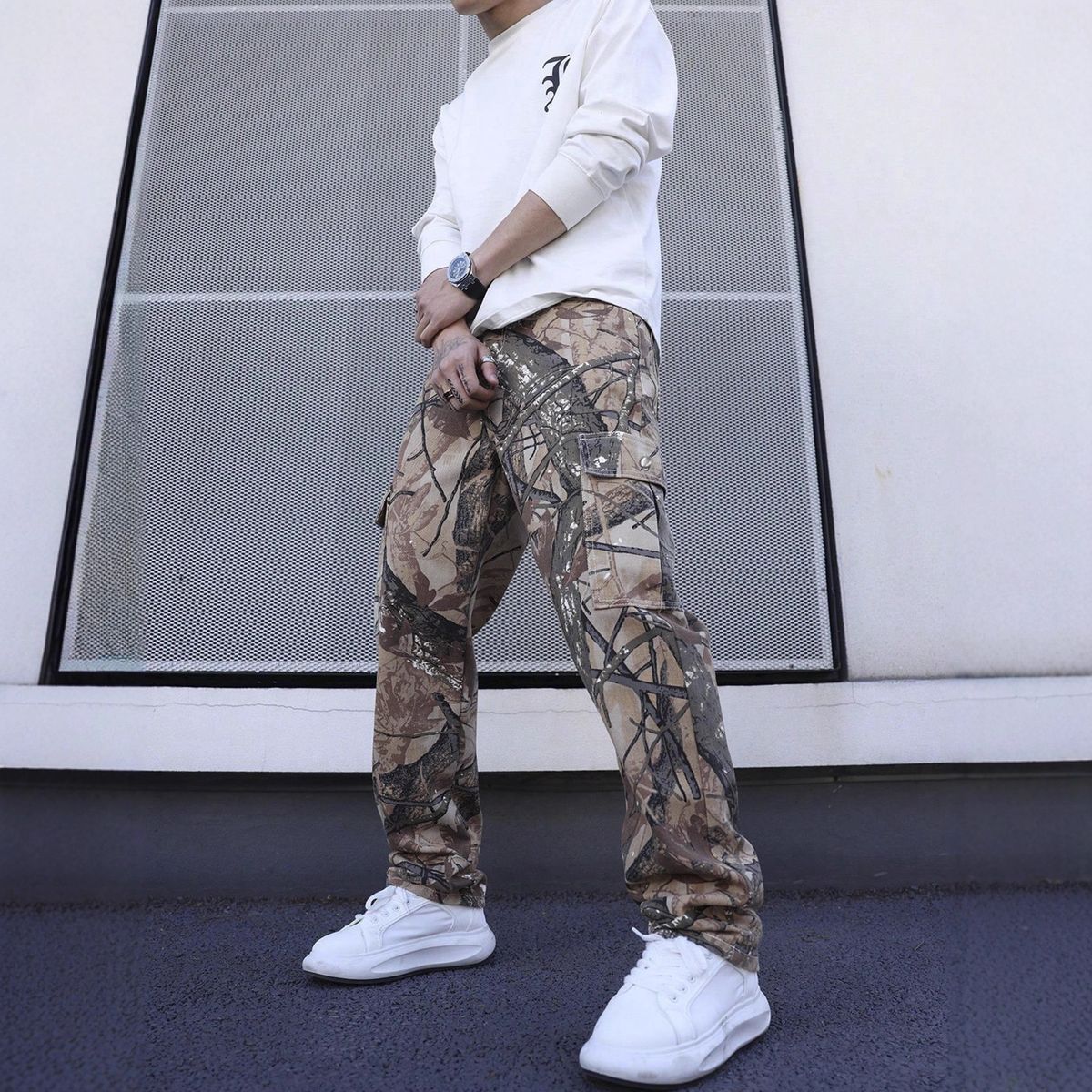 Men's Camo Workwear Jeans – Loose Fit Denim Pants For Street & Utility (S-XXL, Gray/Khaki Camouflage)_mkmklike.com