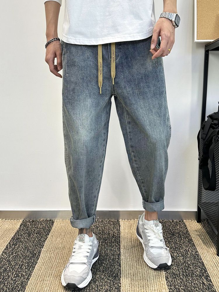 Relaxed-Fit Washed Denim Trousers – Drop-Crotch Streetwear Pants With Elastic Waist (Unisex Urban Staple)_mkmklike.com