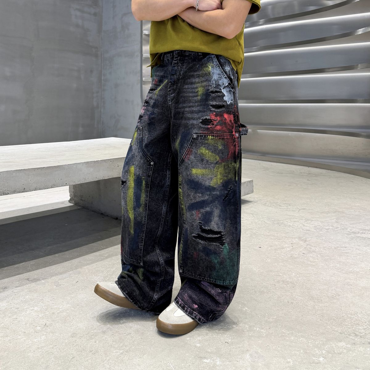 Men's Clothing Unisex Heavy Duty Faux Ripped Jeans Parisian Style American Streetwear Colorful Graffiti Wide Leg Loose Straight Leg Cotton Pants_mkmklike.com