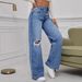 Women's Clothing Wide Leg Straight High Waisted Floor Length Pants Ripped Jeans_mkmklike.com