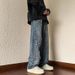 Men's Star Embroidered Denim Jeans - High Street Retro Loose Fit Straight Leg Pants For Casual Streetwear_mkmklike.com