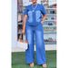 Women's Distressed Blue Denim Short Sleeve Set – Trendy Oversized Casual Two-Piece Outfit_mkmklike.com