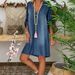 Women's Clothing V Neck Buttoned Pullover Mid Sleeve Denim Dress_mkmklike.com