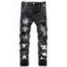 AMI Slim Fit Black Cotton Stretch Embroidered Leather Patch Distressed Star Fashion Men's Jeans_mkmklike.com