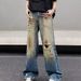 Men's Distressed Washed Denim Jeans Loose Fit Wide Legs Straight Cut Ripped Details Street Style Floor Length American Retro Vibe_mkmklike.com