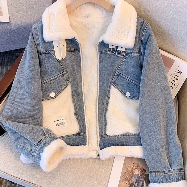 Women's Fleece-Lined Denim Jacket - Winter Short Coat, Oversized Fit, Warm & Stylish For Petite To Plus Size (White, Grey)_mkmklike.com