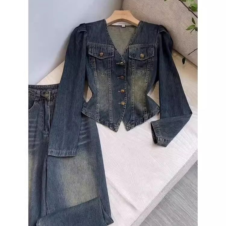 Women's Clothing Autumn Outfit With A Complete Set Of Internet Celebrity Street Blasting Washed Blue Denim Two Piece Suit Pants Spring And Autumn_mkmklike.com