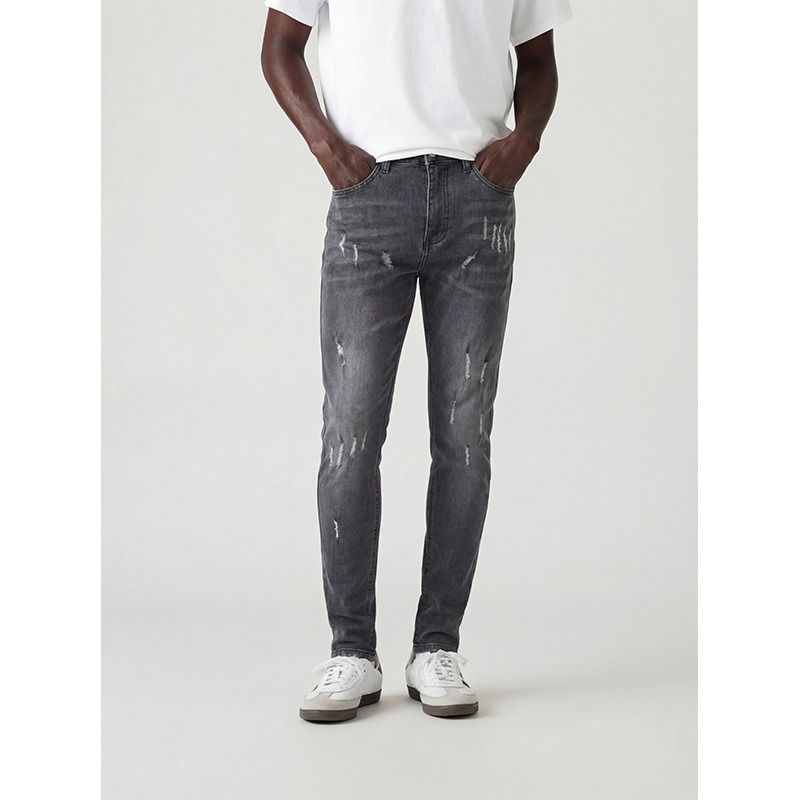 Men's Slim Fit High Waist Jeans Whiskered Black Trendy Casual Pencil Pants With Zipper Fly Cotton Long Jeans For Spring Autumn_mkmklike.com