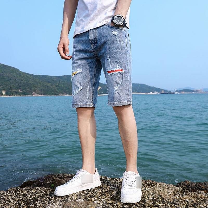 Men's Summer Thin Denim Shorts Loose Fit Straight Leg Korean Style Trendy Casual Ripped Mid-Length Clothing_mkmklike.com