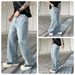 Men's Clothing Unisex Distressed Denim Jeans With Pearl Embellishments – Oversized Straight-Leg Pants (L-XXXL) | Vintage Washed Blue/Black_mkmklike.com