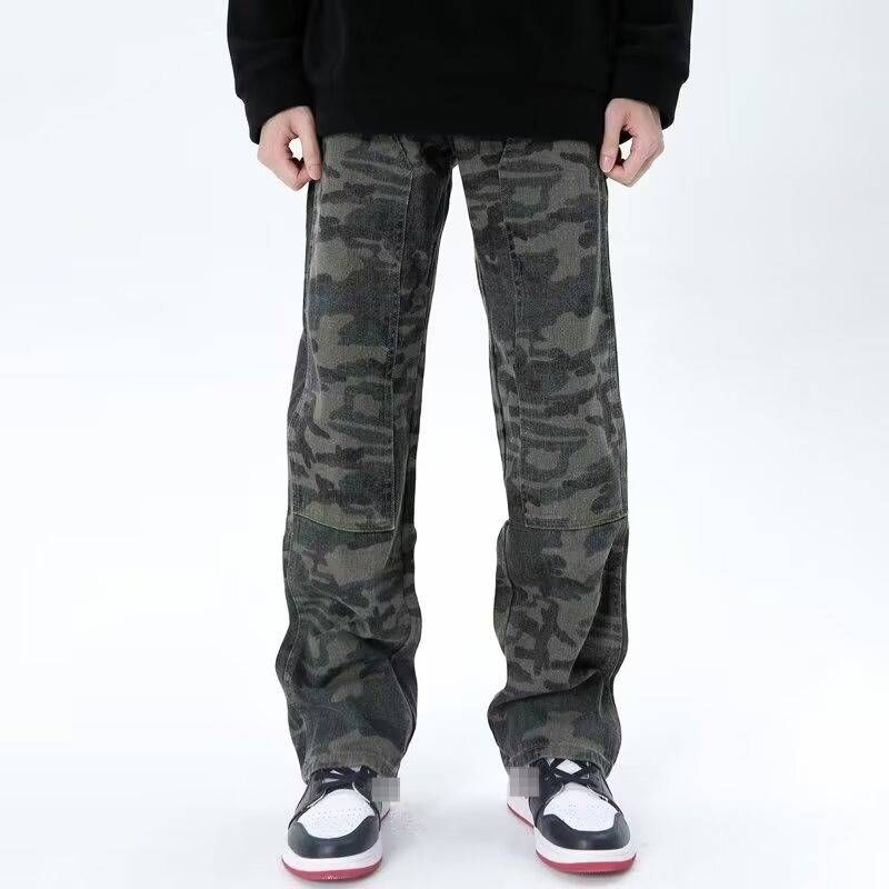 Military Camo Cargo Jeans – Oversized Distressed Denim Pants With Deconstructed Hem & Utility Pockets_mkmklike.com