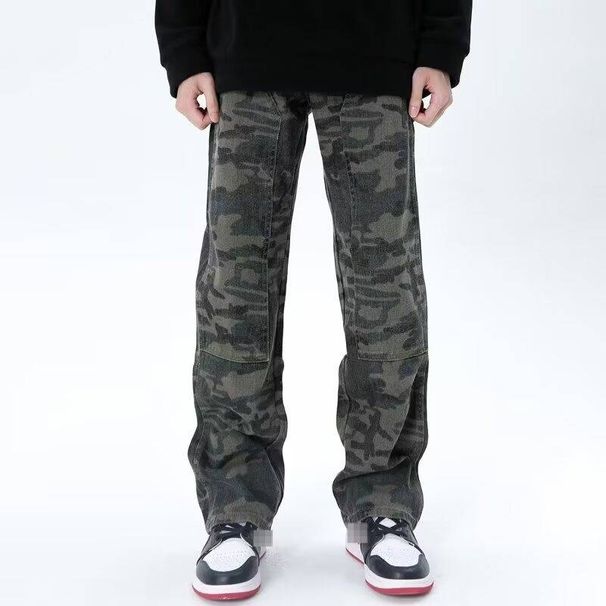 Military Camo Cargo Jeans – Oversized Distressed Denim Pants With Deconstructed Hem & Utility Pockets_mkmklike.com