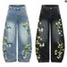 Men's Loose Curved Jeans Retro Style Trendy Bamboo Pattern Embroidery High Street Design_mkmklike.com