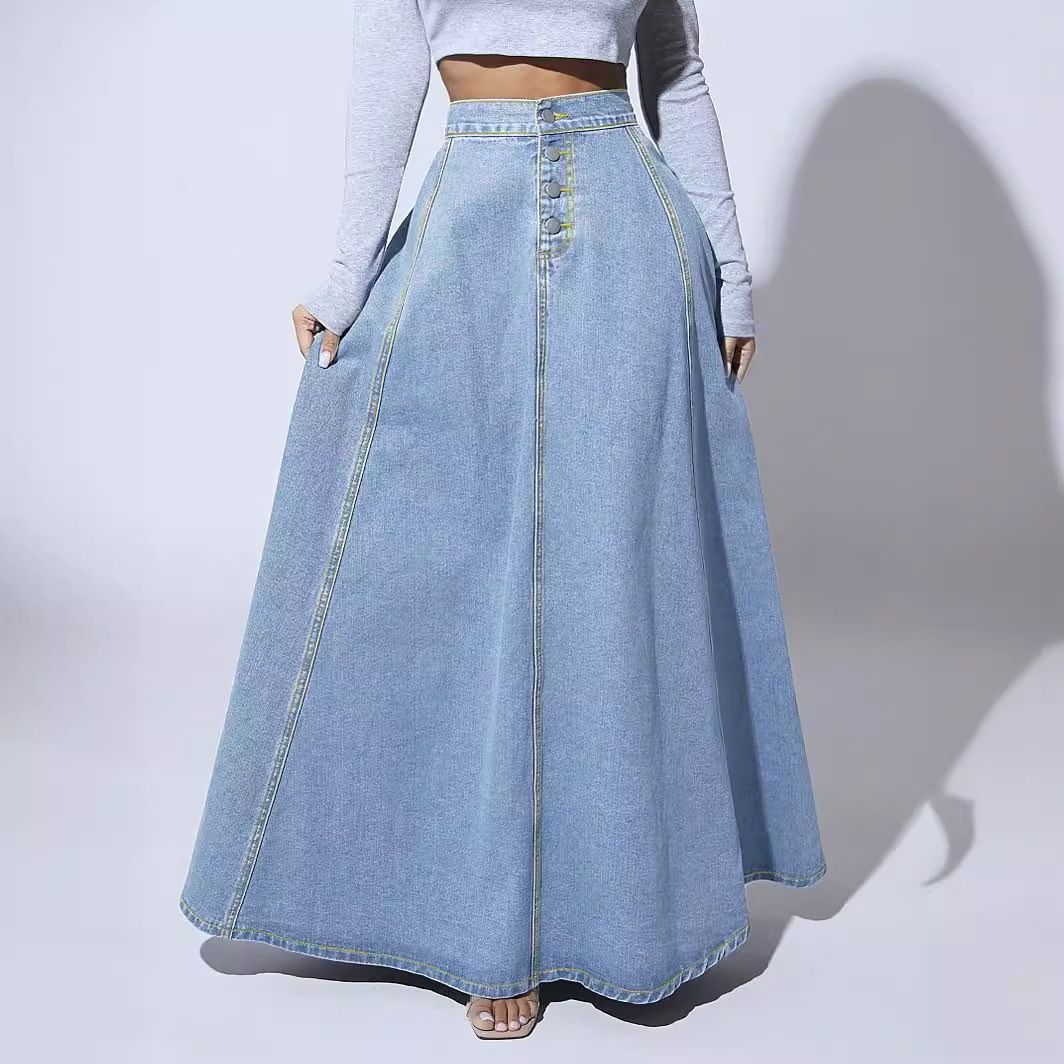 Vintage Denim A-Line Skirt For Women – High Waist Button Front Flared Midi Skirt With Side Zipper (Light Blue, Dark Blue)_mkmklike.com