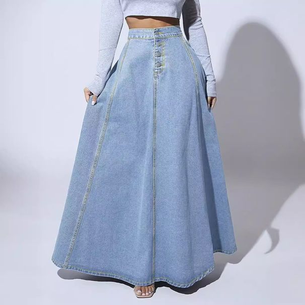 Vintage Denim A-Line Skirt For Women – High Waist Button Front Flared Midi Skirt With Side Zipper (Light Blue, Dark Blue)_mkmklike.com