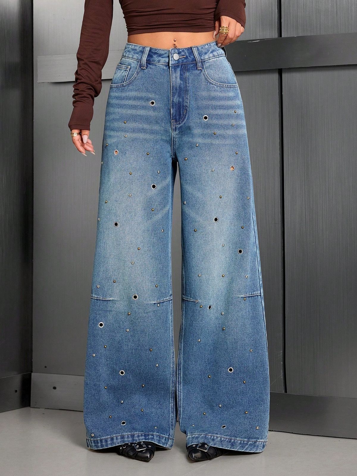 Women's Studded Jeans Style Retro Washed Casual Loose Straight Leg Pants Versatile_mkmklike.com
