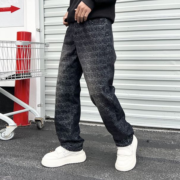 Men's Clothing Jeans for boys, cool and stylish brand, loose jacquard high street straight pants, plaid casual black denim trousers_mkmklike.com