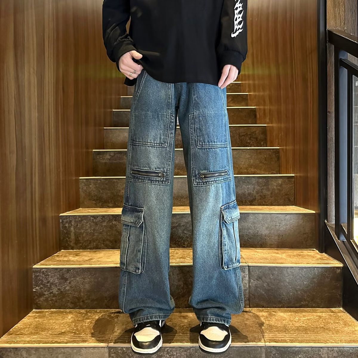 Men's Clothing Vintage Loose Fit Cargo Jeans - Retro High Street Style With Multiple Pockets, Straight Leg & Comfortable Polyester Fabric_mkmklike.com