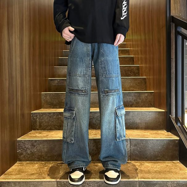 Men's Clothing Vintage Loose Fit Cargo Jeans - Retro High Street Style With Multiple Pockets, Straight Leg & Comfortable Polyester Fabric_mkmklike.com
