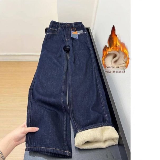 Plus Size Straight Leg Jeans For Women – High Waist, Fleece-Lined, Winter Warm & Flowy Wide Leg (S-2XL, Dark Blue, Petite-Friendly Length)_mkmklike.com