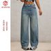 "Vintage High Waist Wide Leg Jeans For Women – Retro Korean Style, Loose Fit & Comfortable Cotton (Vintage Blue, XS-2XL)"_mkmklike.com