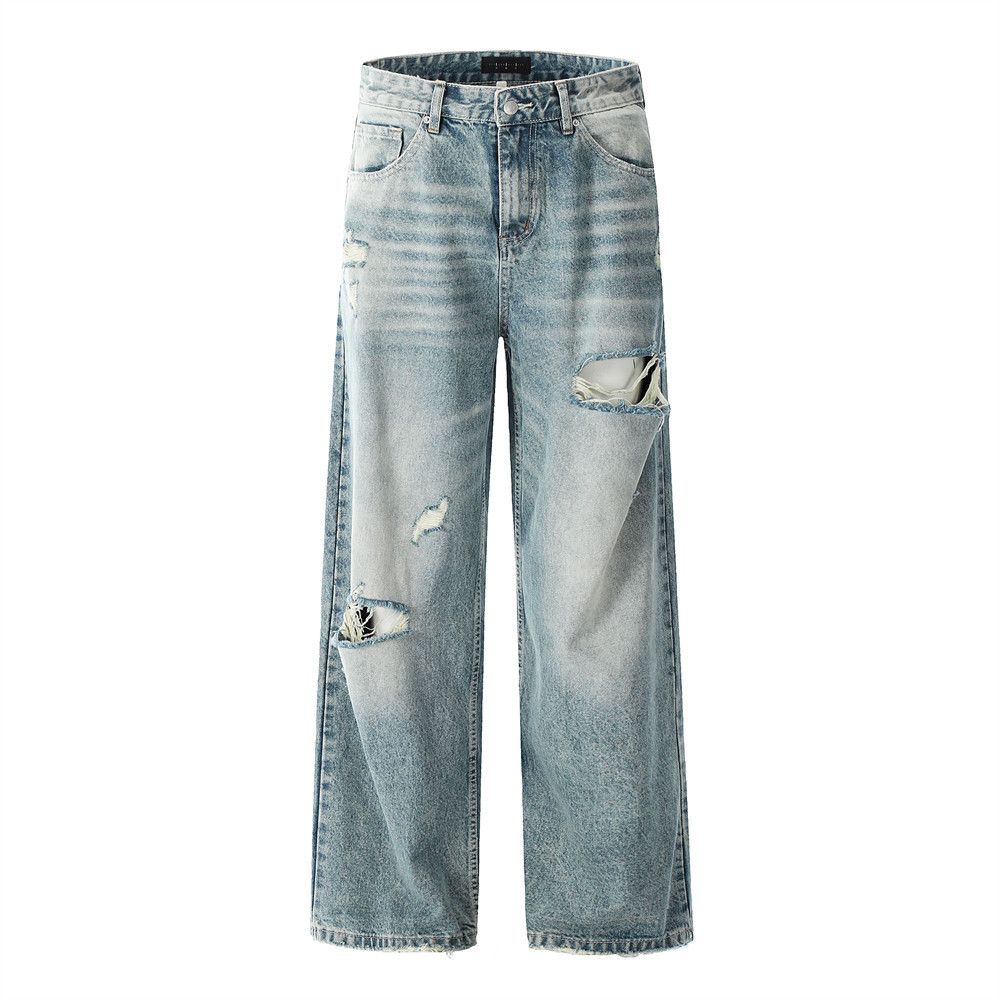 Distressed Jeans For Men Street Style Gradient Washed Wide-Leg Straight Long Punk Wasteland Vintage Loose Casual Pants_mkmklike.com
