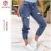 European American Cross-border Foreign Trade Women's Ripped Stretch Skinny Jeans With Elastic Cuffs And Multiple Pockets_mkmklike.com
