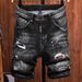 Men's Stretch Denim Shorts – Distressed Patchwork Paint Splatter Design, Slim Fit 5-Inch Inseam_mkmklike.com