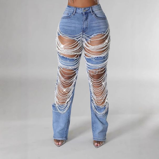 Women's Pearl Embellished Ripped Jeans - Stretch Wide Leg Denim Pants, Vintage Washed Loose Fit For Streetwear & Casual_mkmklike.com
