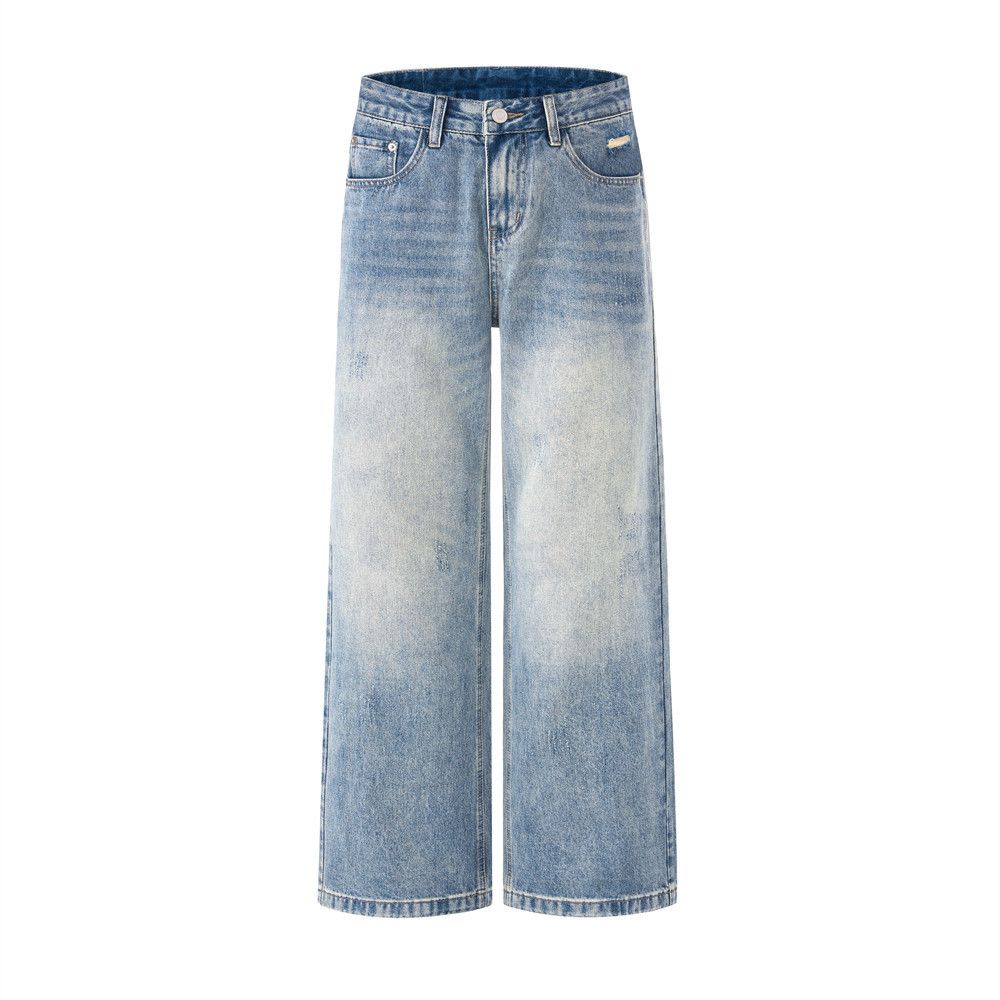 Washed Gradient Denim Straight American Street Style Men's Loose Casual Distressed Long Pants_mkmklike.com
