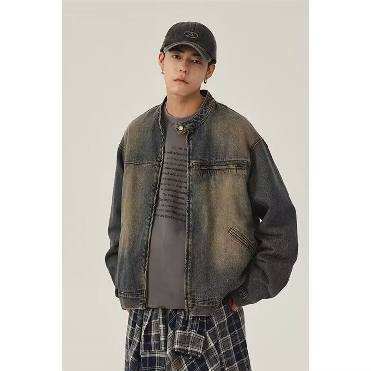 American Zipper Denim For Men In Spring Autumn, Trendy Cool, Casual Loose, Washed And Worn Workwear Jacket_mkmklike.com